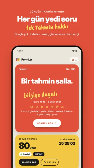 Fermi Android uygulamasının ana sayfası: bugünün bulmacası, günün puanı ve yeni bulmacaya kalan süre