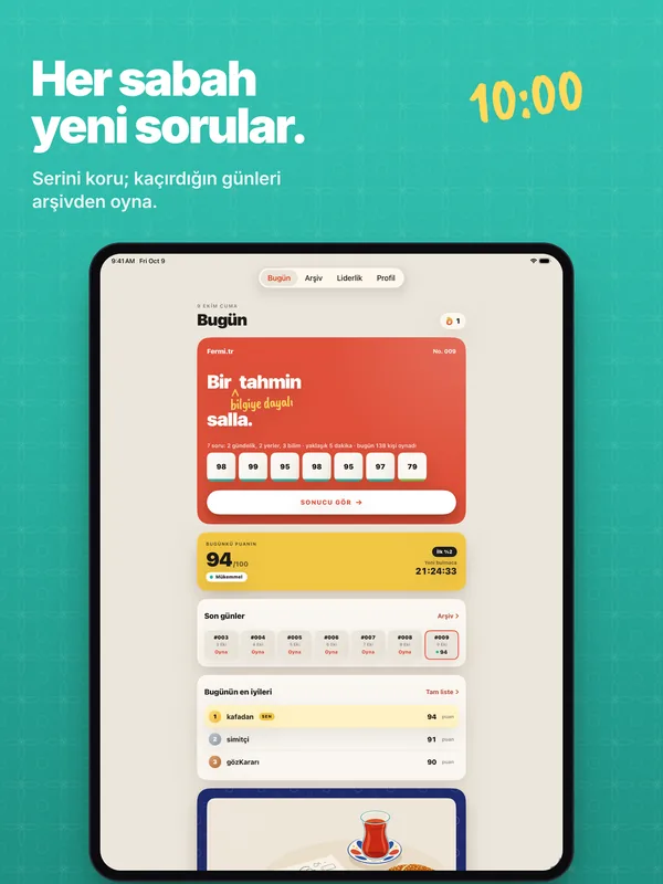 Fermi iPad'de: Bugün ekranı geniş ekrana göre düzenlenmiş, günün bulmacası, puanı, son günler ve bugünün en iyileri