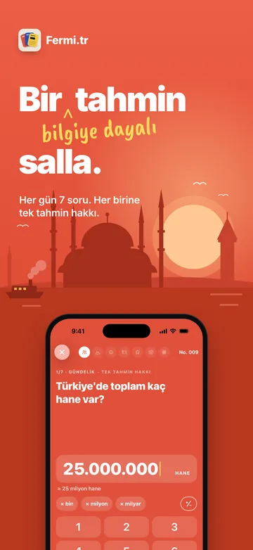 Fermi iPhone uygulamasında soru ekranı: tahmin kutusu, × bin, × milyon, × milyar kısayolları ve sayı klavyesi