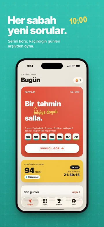 Bugün ekranı: günün bulmacası, günün puanı, yeni bulmacaya kalan süre ve son günler